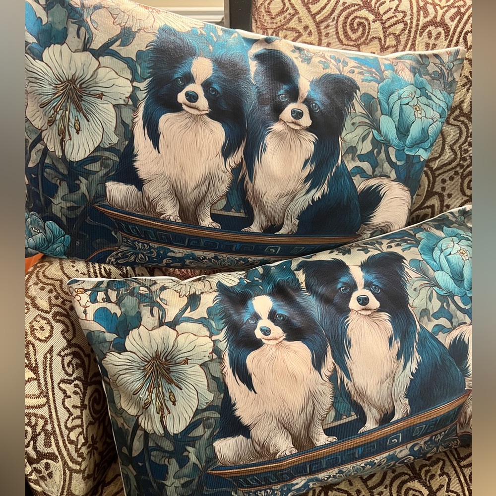 Set of 2 Chinoiserie Dog Floral Pattern soft pillow covers. Zipper Closure New